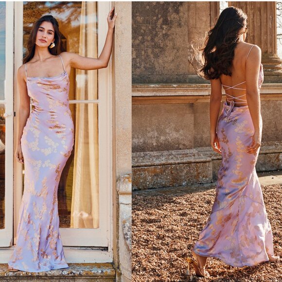 HOUSE OF CB 'Capriana' Orchid Jacquard Satin Gown NWOT metallic gold purple sz S